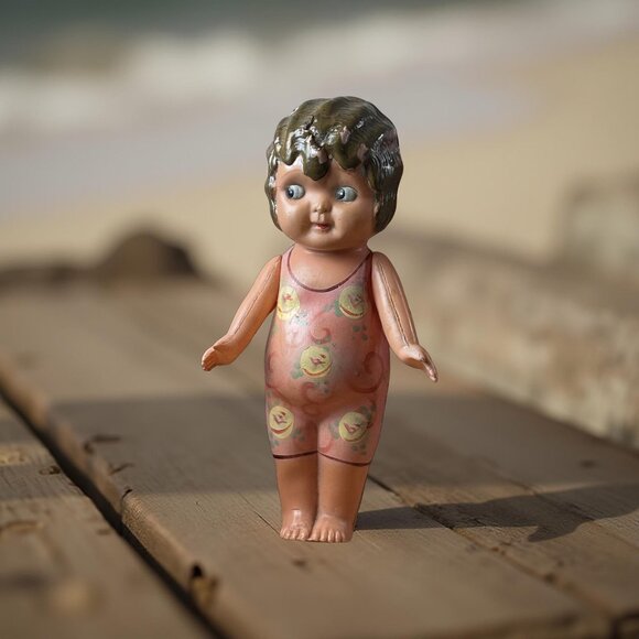 Celluloid Doll Side Eye in Swim Suit 6" Japan Movable Arms Molded Hair Finger Wa - Picture 9 of 10